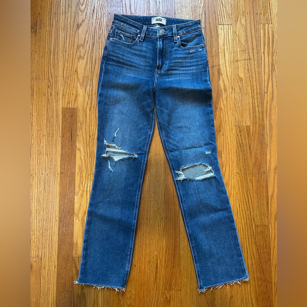 PAIGE Cindy Distressed Straight Leg Jeans in Dark Blue